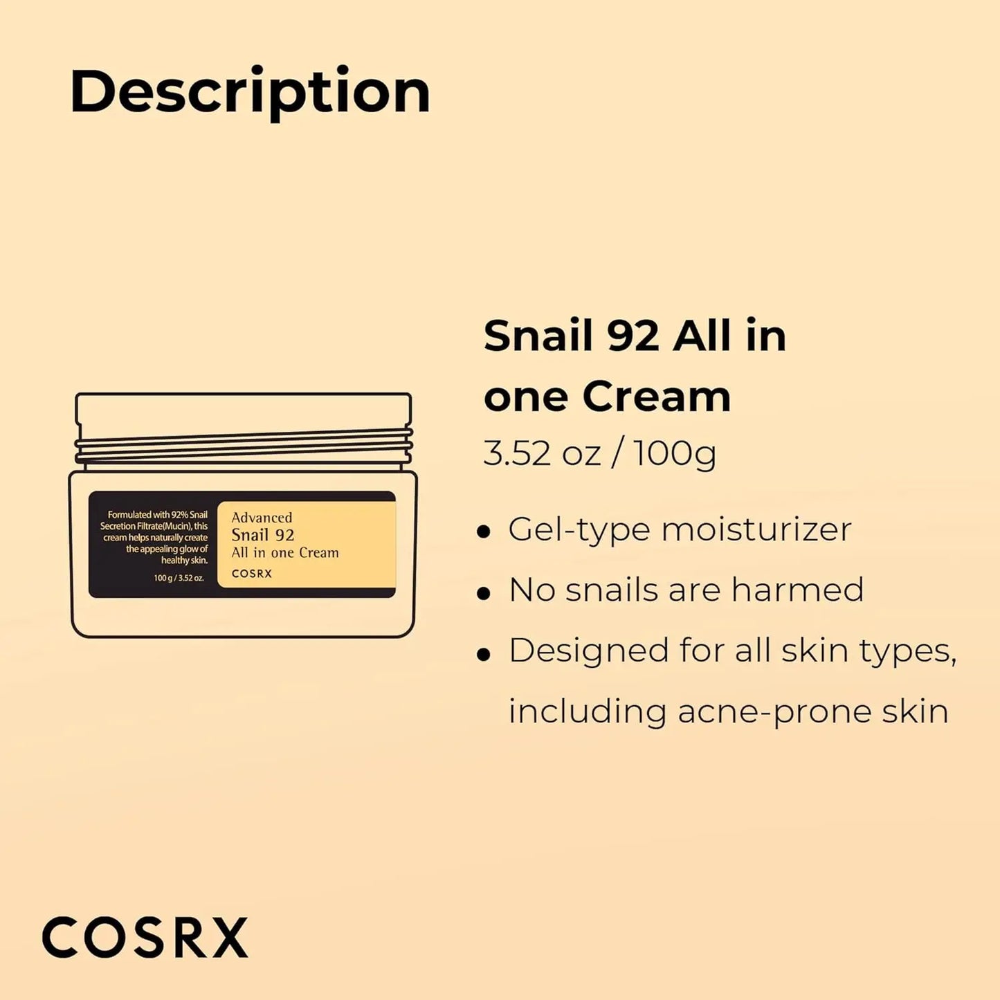 COSRX Snail Mucin 92% Face Moisturizer Lightweight Moisturing Cream for Soft Korean 3.52 Oz Moisturizer Face Cream