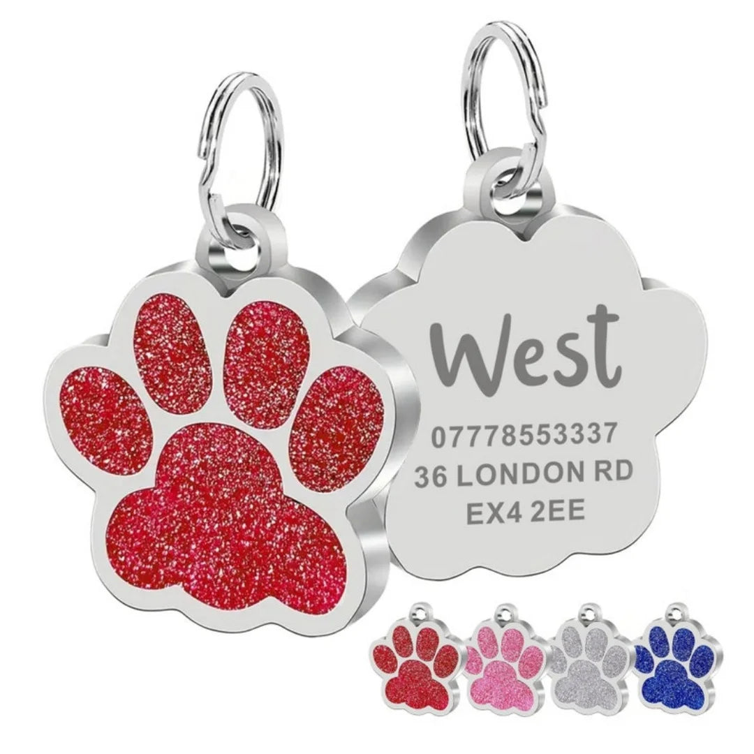 Custom Pet ID Tag - Personalized Engraved Name Tag for Dogs & Cats, Glitter Paw Print Charm, Waterproof Durable, Free Engraving