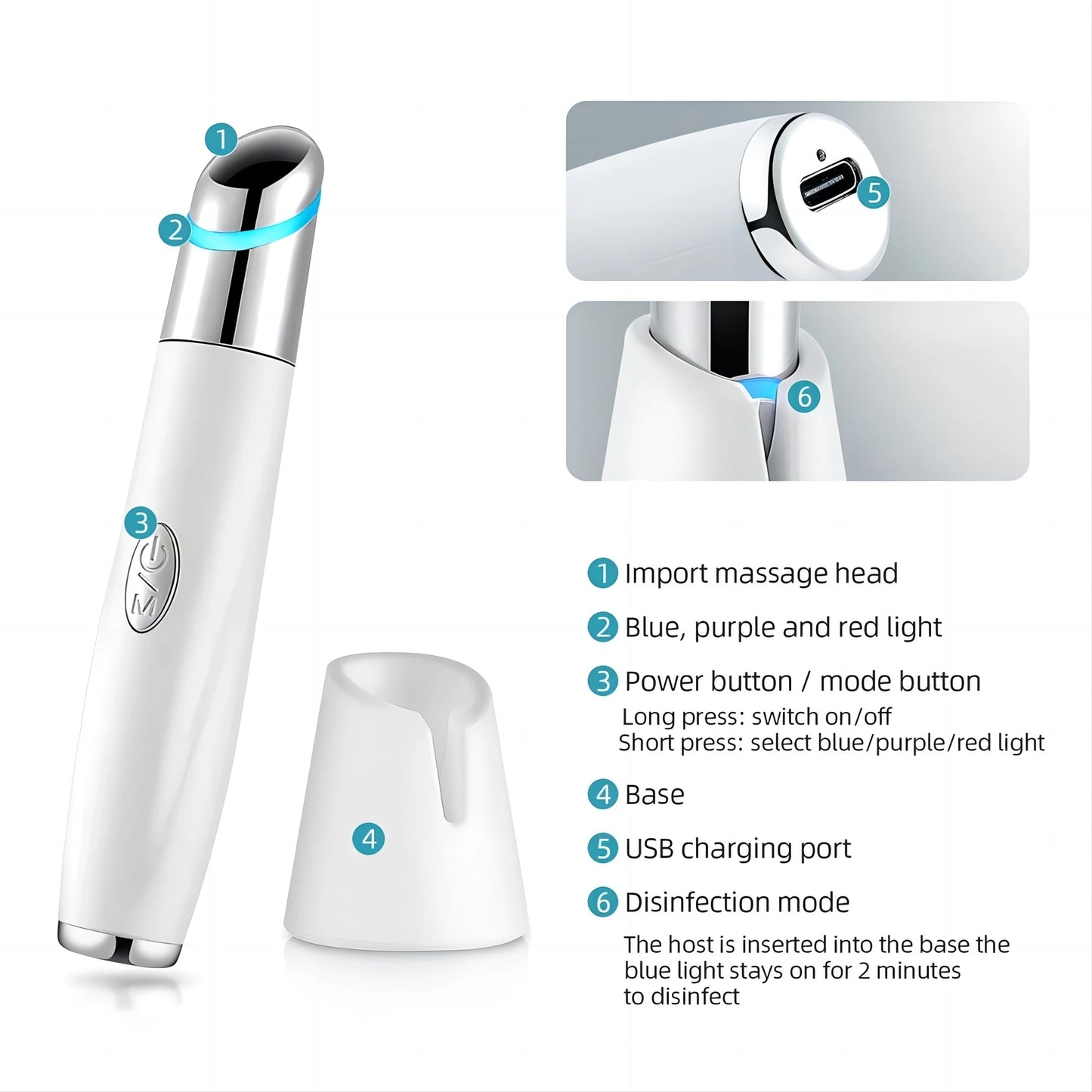 5 In 1 Eye Beauty Device Facial Massager Led Red Light Therapy Wand for Relax Eye Dark Circles Eye Bags Puffiness Skincare Tool