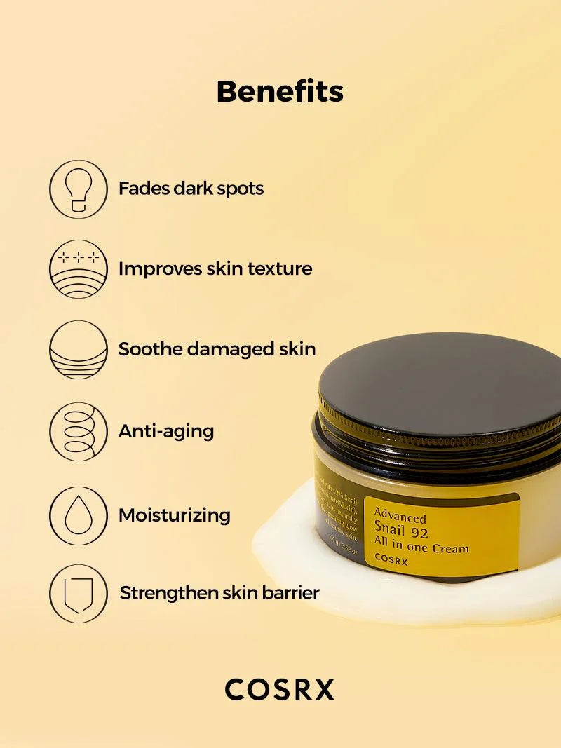 Skin care Cream COSRX Snail Mucin 92% Moisturizer 3.52oz/ 100g, Daily Face Gel Cream for Dry, Sensitive Skin