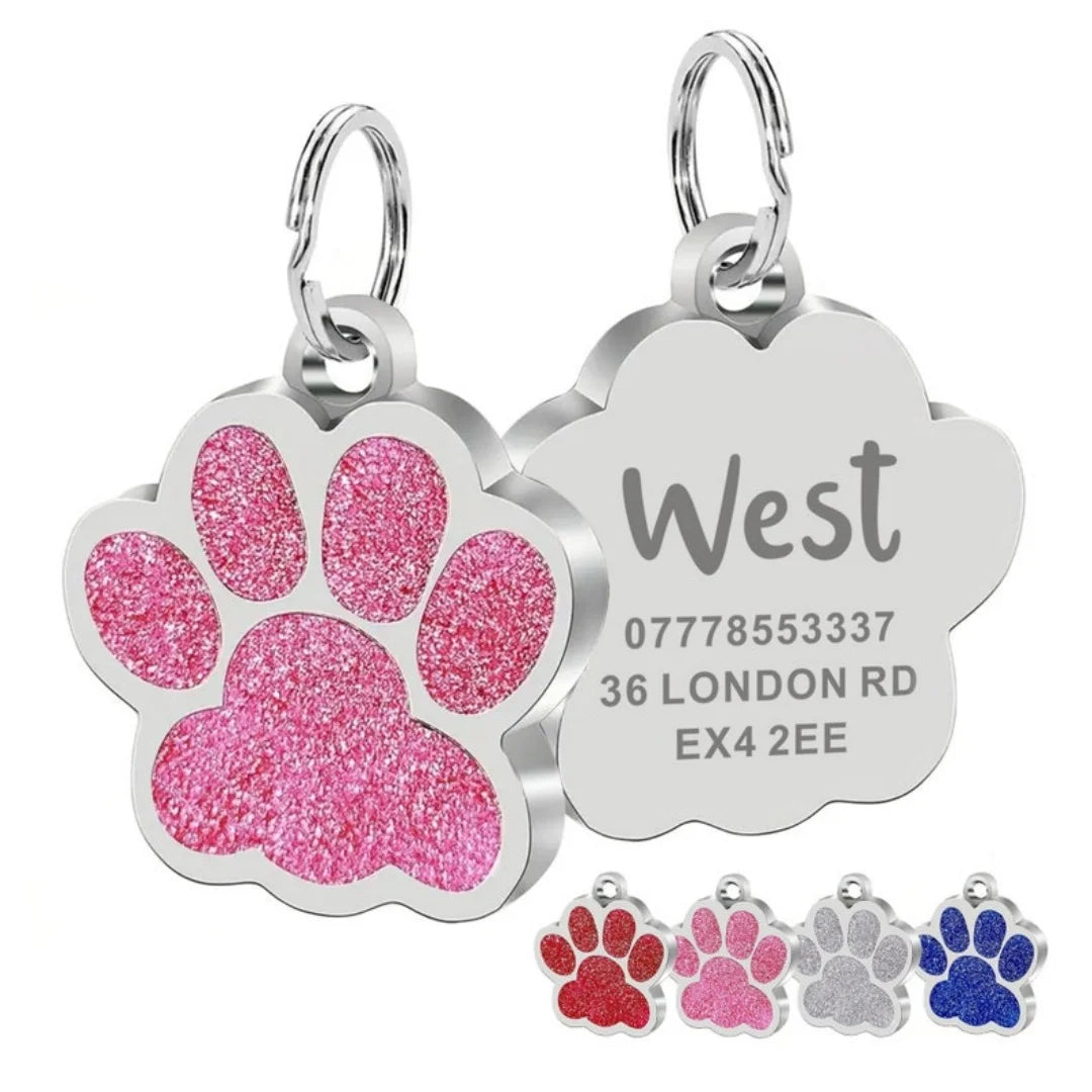 Custom Pet ID Tag - Personalized Engraved Name Tag for Dogs & Cats, Glitter Paw Print Charm, Waterproof Durable, Free Engraving
