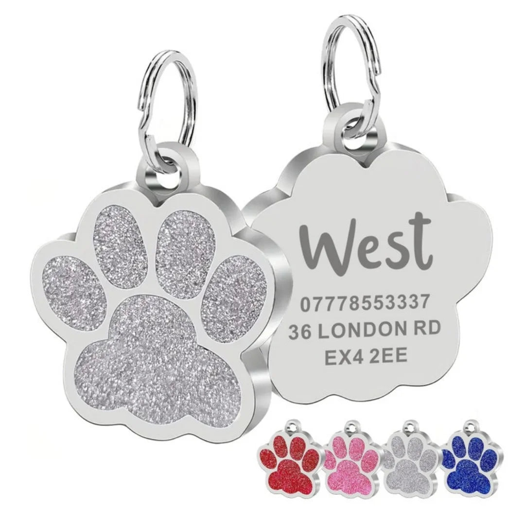 Custom Pet ID Tag - Personalized Engraved Name Tag for Dogs & Cats, Glitter Paw Print Charm, Waterproof Durable, Free Engraving