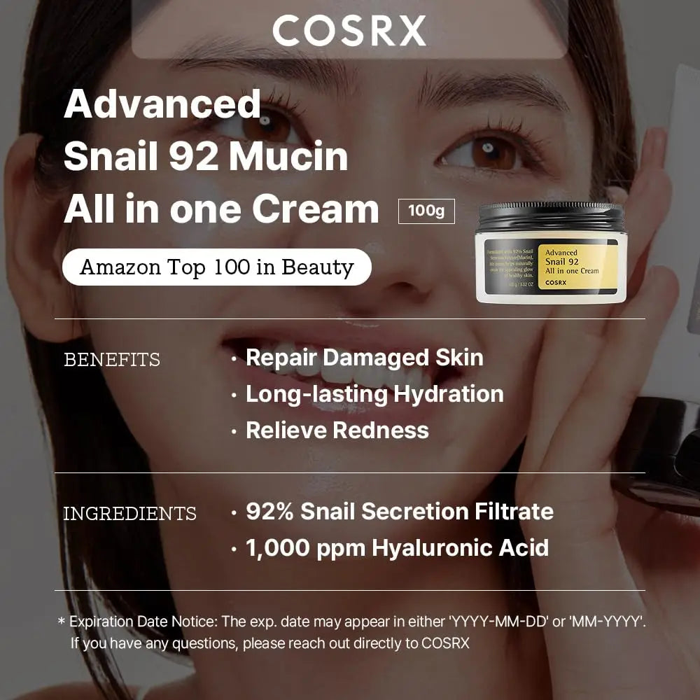 COSRX Snail Mucin 92% Face Moisturizer Lightweight Moisturing Cream for Soft Korean 3.52 Oz Moisturizer Face Cream