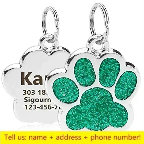 Custom Pet ID Tag - Personalized Engraved Name Tag for Dogs & Cats, Glitter Paw Print Charm, Waterproof Durable, Free Engraving