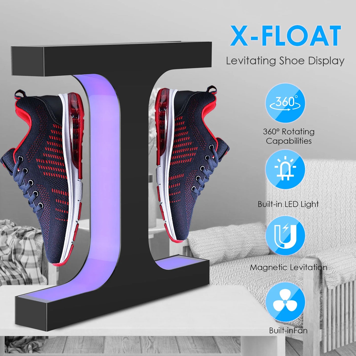Double Headed Shoe Display Magnetic Levitating Sneaker Rack With Colorful Lights 360 Degree Rotation Remote Controlled Shoe Rack