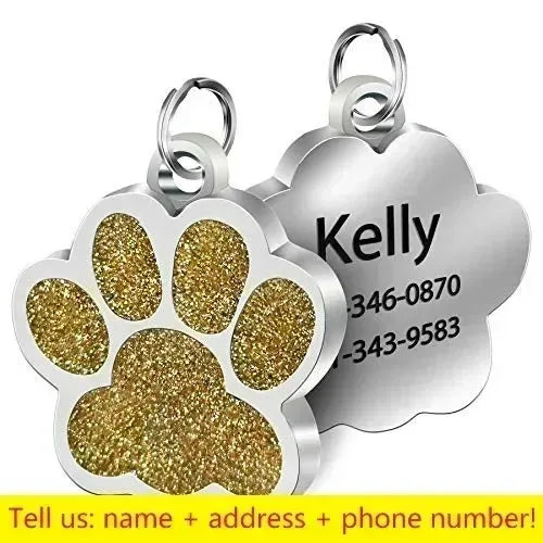 Custom Pet ID Tag - Personalized Engraved Name Tag for Dogs & Cats, Glitter Paw Print Charm, Waterproof Durable, Free Engraving