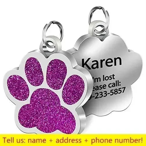Custom Pet ID Tag - Personalized Engraved Name Tag for Dogs & Cats, Glitter Paw Print Charm, Waterproof Durable, Free Engraving