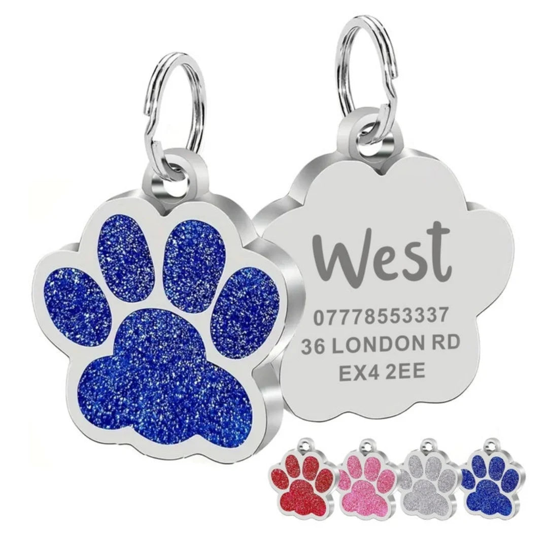 Custom Pet ID Tag - Personalized Engraved Name Tag for Dogs & Cats, Glitter Paw Print Charm, Waterproof Durable, Free Engraving