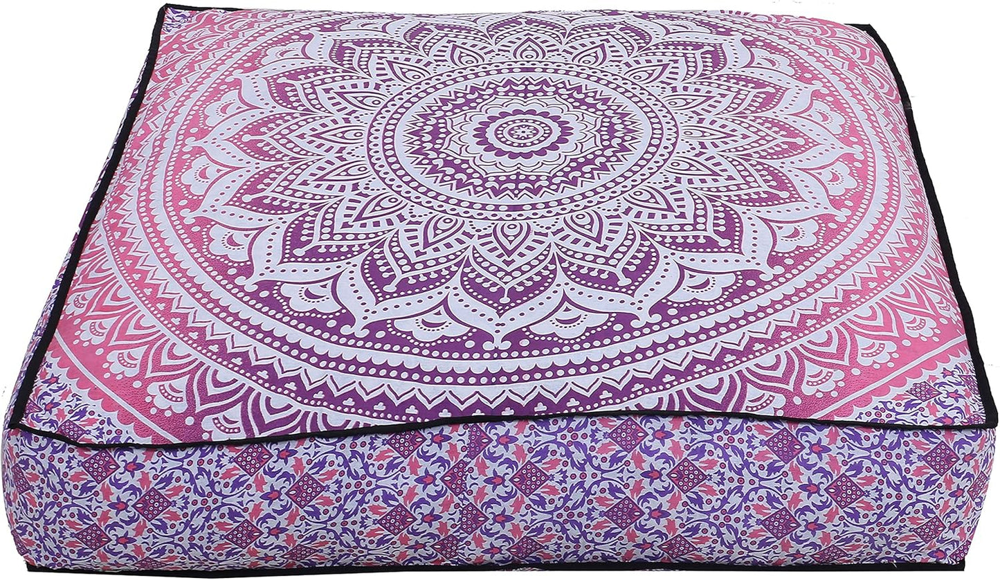 Floor Pillow Cushion Cover Meditation Chair Boho Décor Bohemian Square Pouf Kids Bed Outdoor Seat Living Room Cube Pillow Decoration, Pink and White, 35X35X5 Inch (Cover Only)