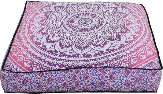 Floor Pillow Cushion Cover Meditation Chair Boho Décor Bohemian Square Pouf Kids Bed Outdoor Seat Living Room Cube Pillow Decoration, Pink and White, 35X35X5 Inch (Cover Only)